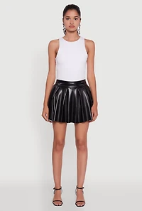 Womens Trendy Faux Leather High Waisted Pleated Mini Skirt, Black, Size L