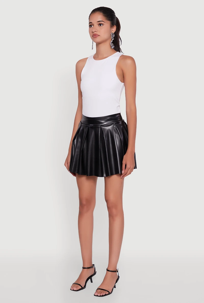 Womens Trendy Faux Leather High Waisted Pleated Mini Skirt, Black, Size L