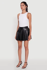 Womens Trendy Faux Leather High Waisted Pleated Mini Skirt, Black, Size L