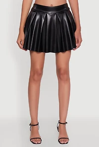 Womens Trendy Faux Leather High Waisted Pleated Mini Skirt, Black, Size L