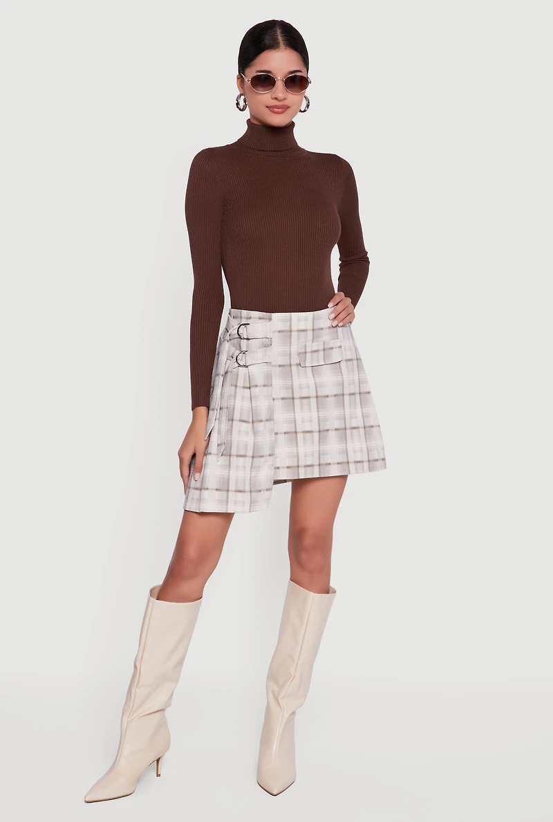 Womens Plaid Double Belted Detail Asymmetrical Skirt, Brown, Size M