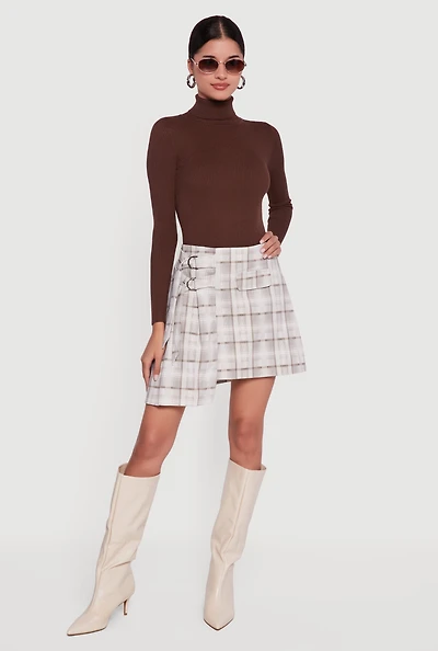 Womens Plaid Double Belted Detail Asymmetrical Skirt, Brown, Size M