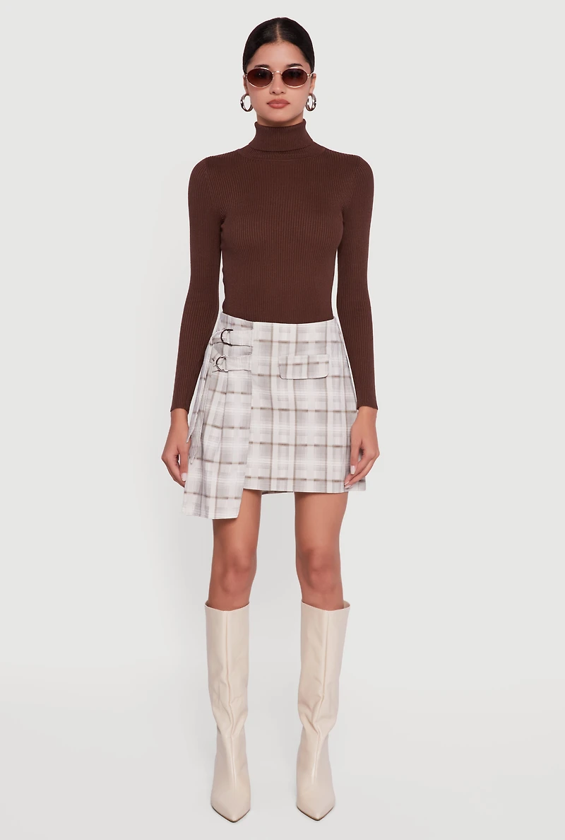 Womens Plaid Double Belted Detail Asymmetrical Skirt, Brown, Size M