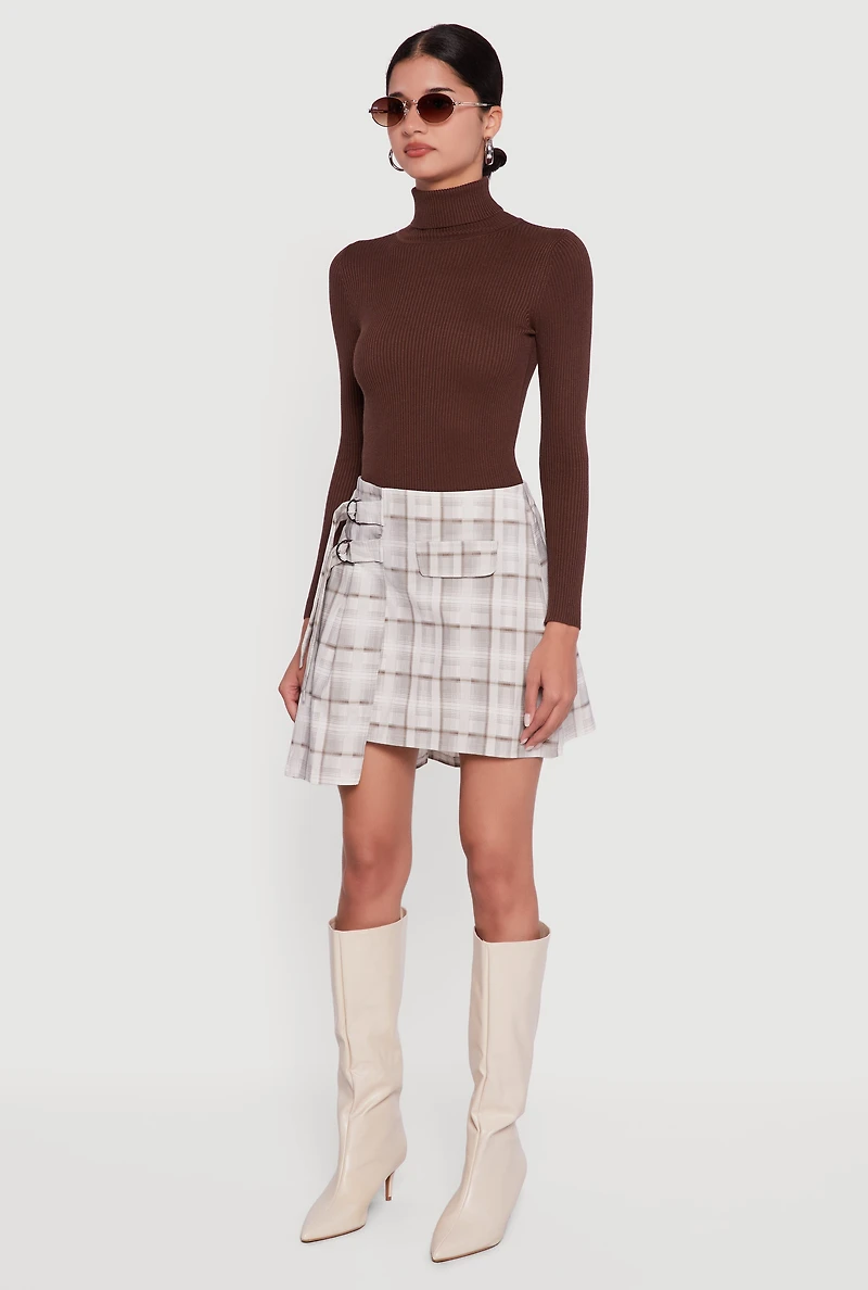 Womens Plaid Double Belted Detail Asymmetrical Skirt, Brown, Size M