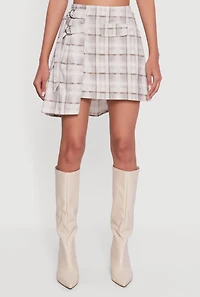 Womens Plaid Double Belted Detail Asymmetrical Skirt, Brown, Size M