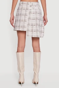 Womens Plaid Double Belted Detail Asymmetrical Skirt, Brown, Size M