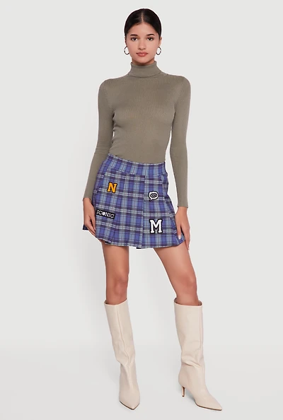 Womens Embroidered Graphic Patch Plaid Pleated Skirt,