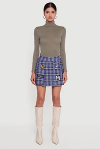Womens Embroidered Graphic Patch Plaid Pleated Skirt,