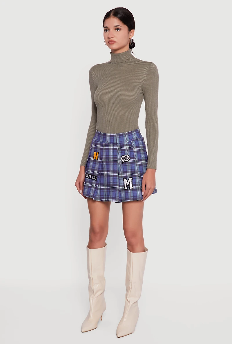 Embroidered Graphic Patch Plaid Pleated Skirt