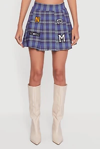 Womens Embroidered Graphic Patch Plaid Pleated Skirt, L