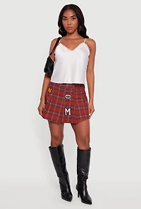 Embroidered Graphic Patch Plaid Pleated Skirt
