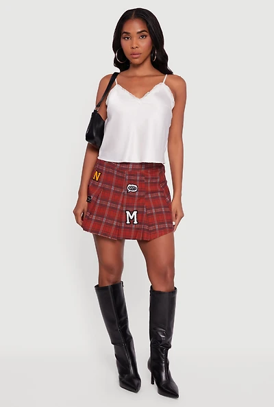 Embroidered Graphic Patch Plaid Pleated Skirt