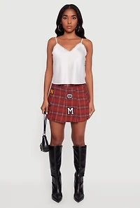 Embroidered Graphic Patch Plaid Pleated Skirt