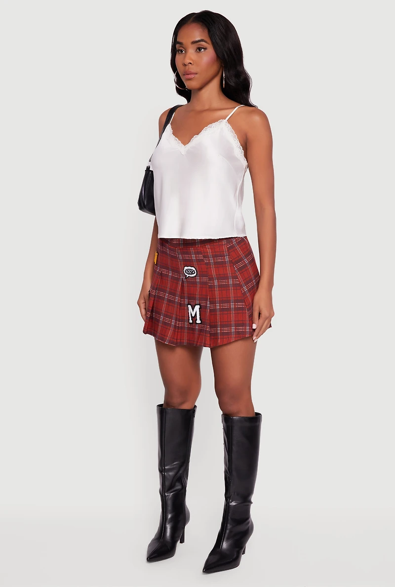 Embroidered Graphic Patch Plaid Pleated Skirt