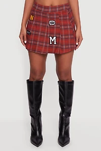 Embroidered Graphic Patch Plaid Pleated Skirt