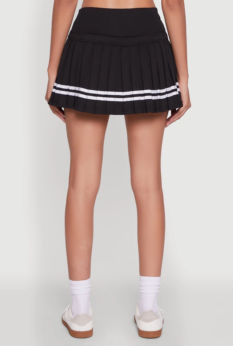 Womens Chic Contrast Trim High Waisted Pleated Skirt, Black,