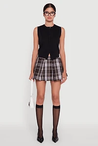 Womens Plaid Mini Pleated Skirt, Black, Size XL