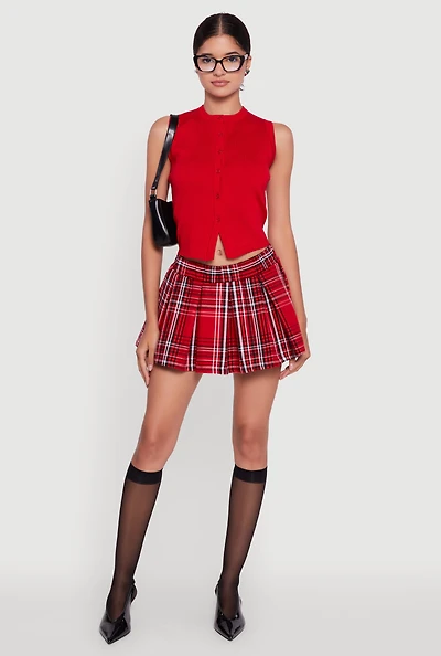 Womens Plaid Mini Pleated Skirt, Red, Size L