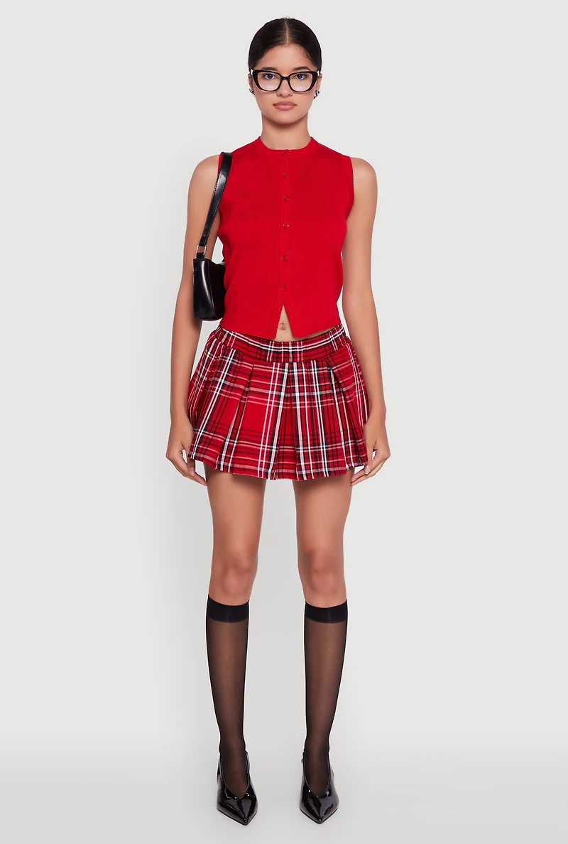 Womens Plaid Mini Pleated Skirt, Red, Size L