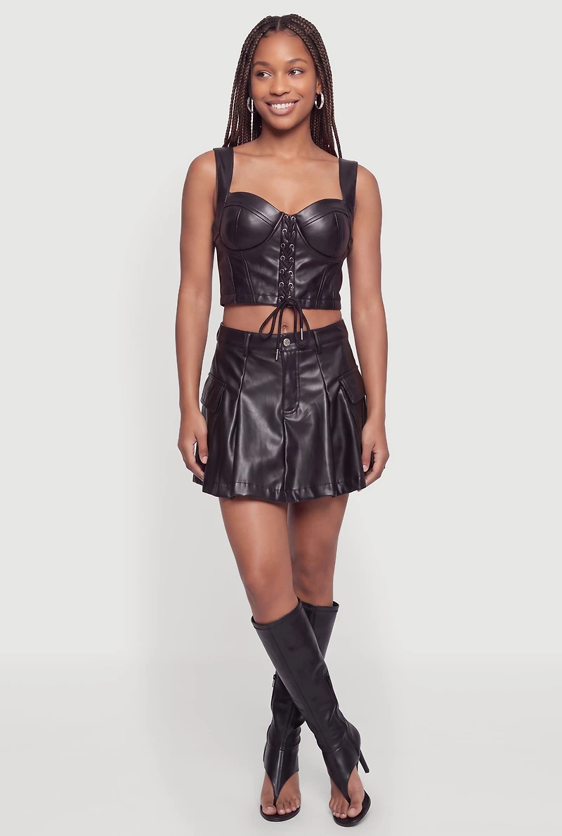 Faux Leather Pleated Mini Skirt with Cargo Pockets