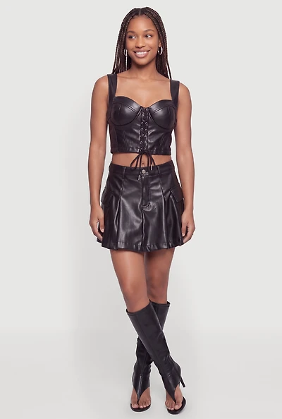 Faux Leather Pleated Mini Skirt with Cargo Pockets