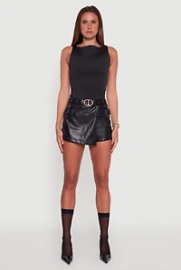 Womens Faux Leather Belted Front Faux Wrap Skort, Black, Size S