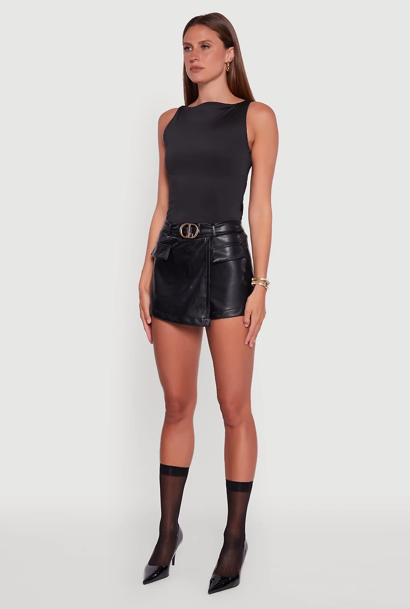 Womens Faux Leather Belted Front Faux Wrap Skort, Black, Size S