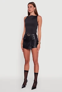 Womens Faux Leather Belted Front Faux Wrap Skort, Black, Size S