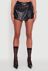 Womens Faux Leather Belted Front Faux Wrap Skort, Black, Size S