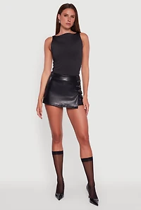 Womens Faux Leather Buckle Detail Faux Wrap Skort, Black, Size S