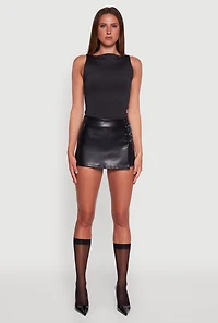 Womens Faux Leather Buckle Detail Faux Wrap Skort, Black, Size S