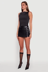 Womens Faux Leather Buckle Detail Faux Wrap Skort, Black, Size S