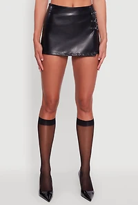 Womens Faux Leather Buckle Detail Faux Wrap Skort, Black, Size S