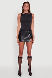 Womens Faux Leather Belt Detail Side Slit Skort, Black, Size M