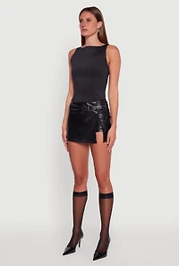 Womens Faux Leather Belt Detail Side Slit Skort, Black, Size S