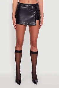 Womens Faux Leather Belt Detail Side Slit Skort, Black, Size M