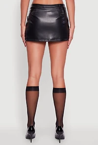 Womens Faux Leather Belt Detail Side Slit Skort, Black, Size M