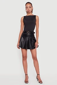 Womens Faux Leather High Waisted Pleated Mini Skirt,
