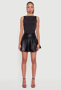Womens Faux Leather High Waisted Pleated Mini Skirt,