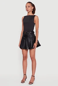 Womens Faux Leather High Waisted Pleated Mini Skirt,