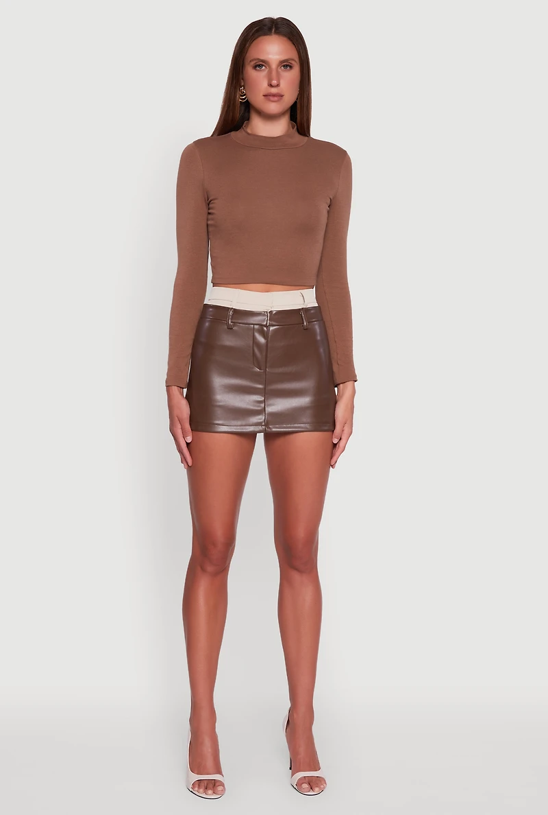 Womens Two Toned High Waisted Faux Leather Mini Skirt, Brown, Size S