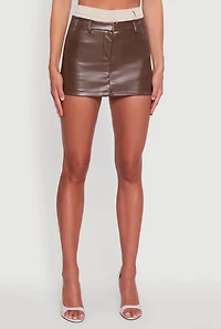 Womens Two Toned High Waisted Faux Leather Mini Skirt, Brown, Size S