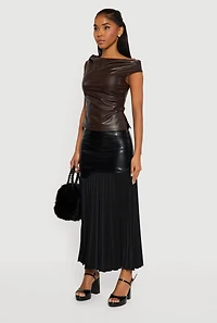 Womens Asymmetrical Faux Leather Drop Waist Pleated Skirt, Burgundy, Size S