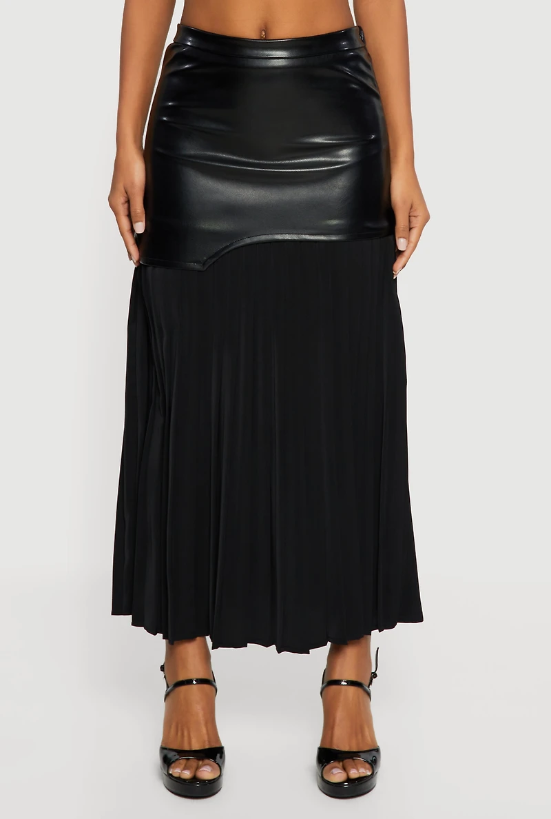 Womens Asymmetrical Faux Leather Drop Waist Pleated Skirt, Burgundy, Size S