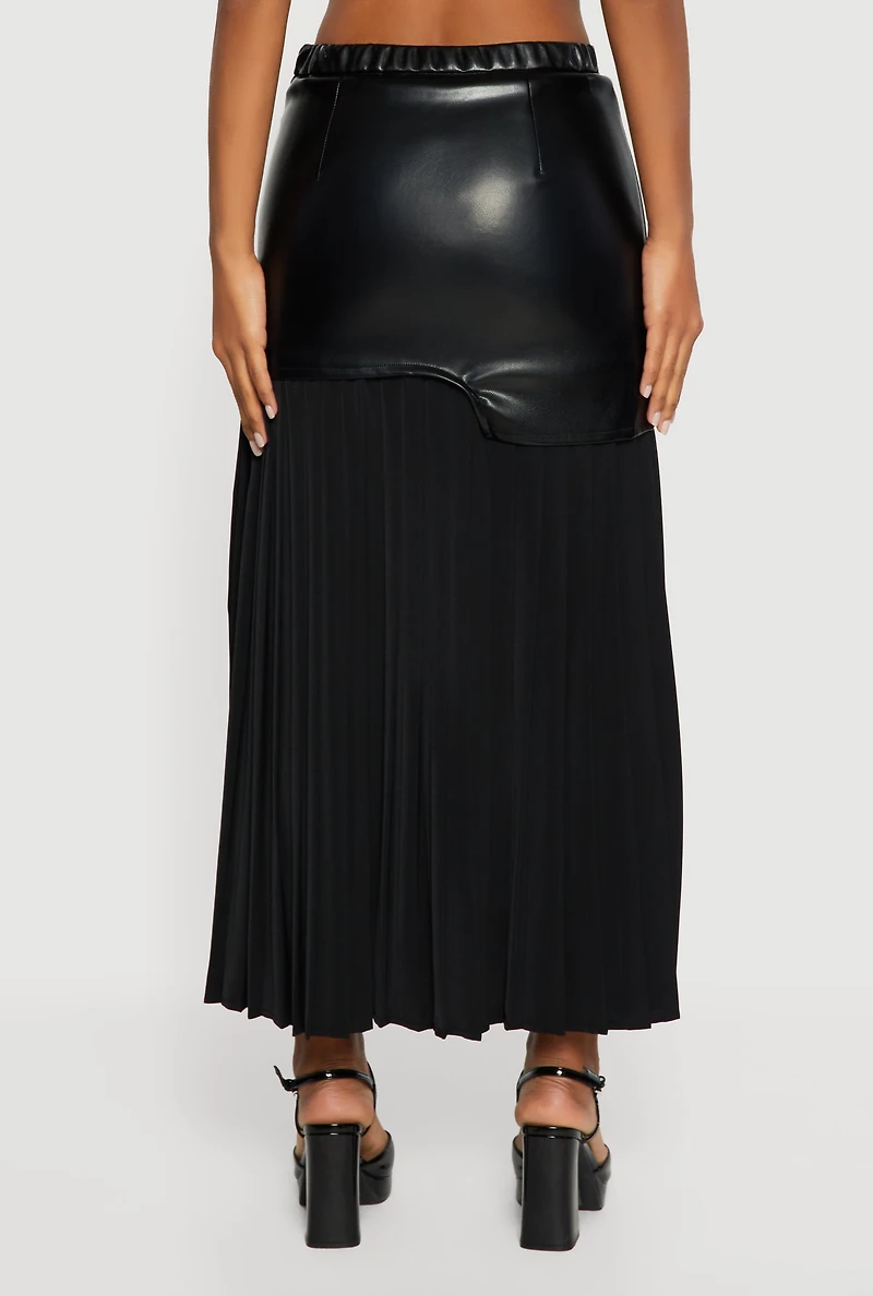 Womens Asymmetrical Faux Leather Drop Waist Pleated Skirt, Burgundy, Size S