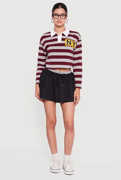 Pinstripe Double Waistband Drawstring Mini Skirt