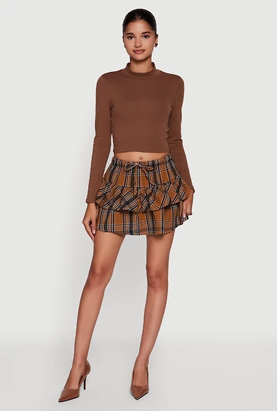Womens Plaid Flannel Mini Tiered Skirt with Ruffles, Brown, Size L