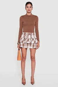 Womens Plaid Flannel Mini Tiered Skirt with Ruffles, Brown,