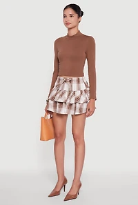 Womens Plaid Flannel Mini Tiered Skirt with Ruffles, Brown,