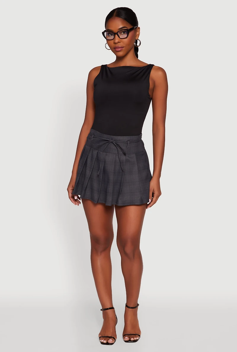 Tie Waist Belted Mini Plaid Pleated Skirt